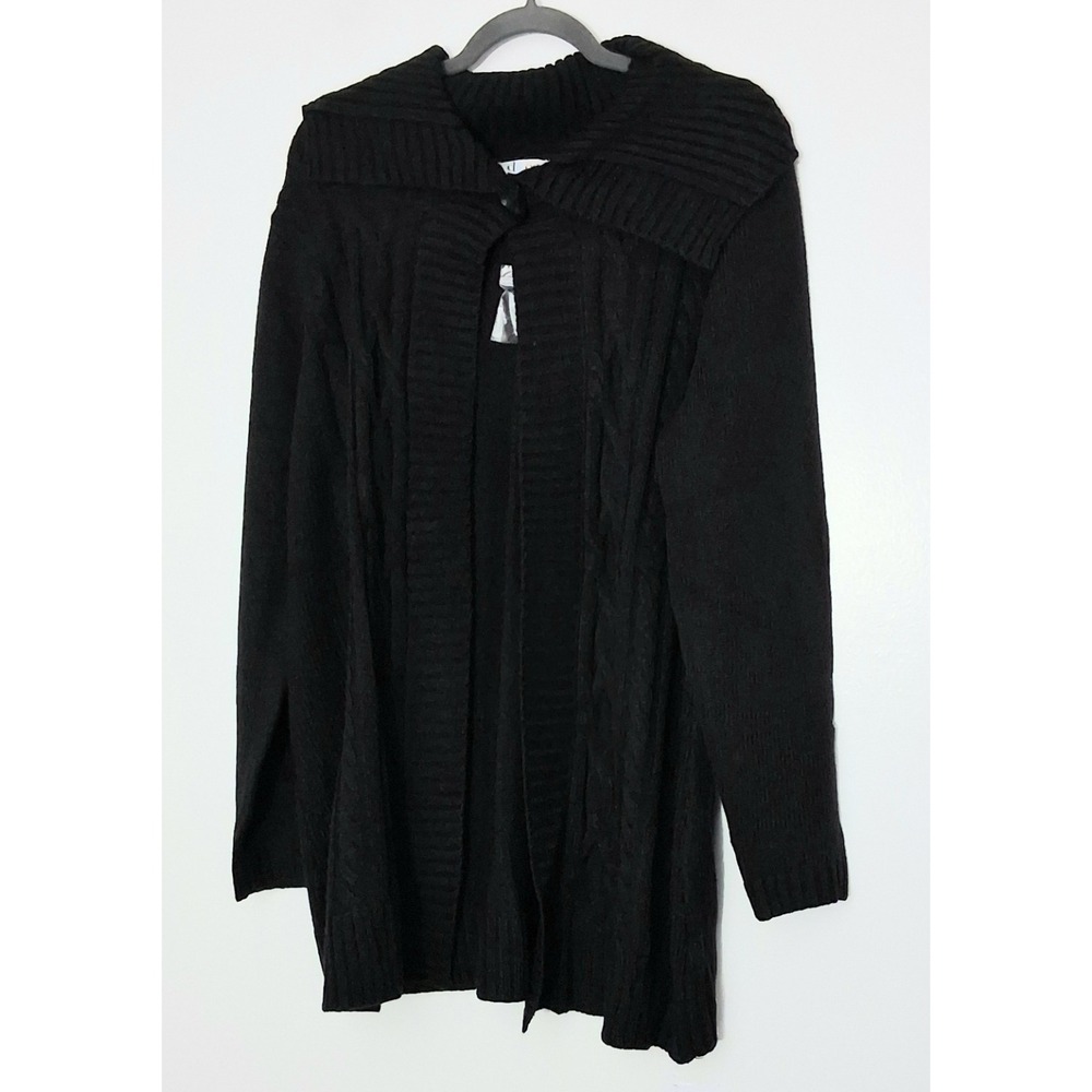 Denim & Co Cable Knit Cardigan Size Large Black One Toggle Closure Ribbed Collar